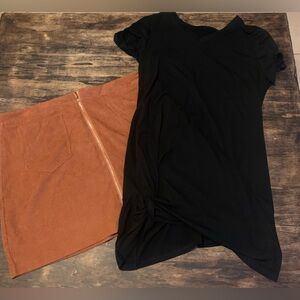 Women's Tan Suede Mini Skirt with Front Zipper and Cotton black dress.
